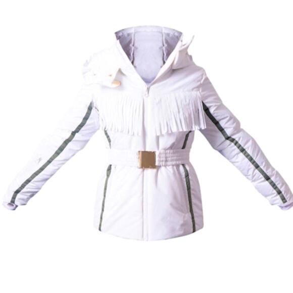 Size 10 L PRETTYLITTLETHING SKI White Contrast Fringed Detail Belted Puffer Coat - Picture 1 of 5